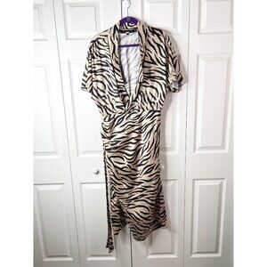 Sally LaPointe Zebra Print Cream Black Drop Collar Satin Dress Women's Size 12